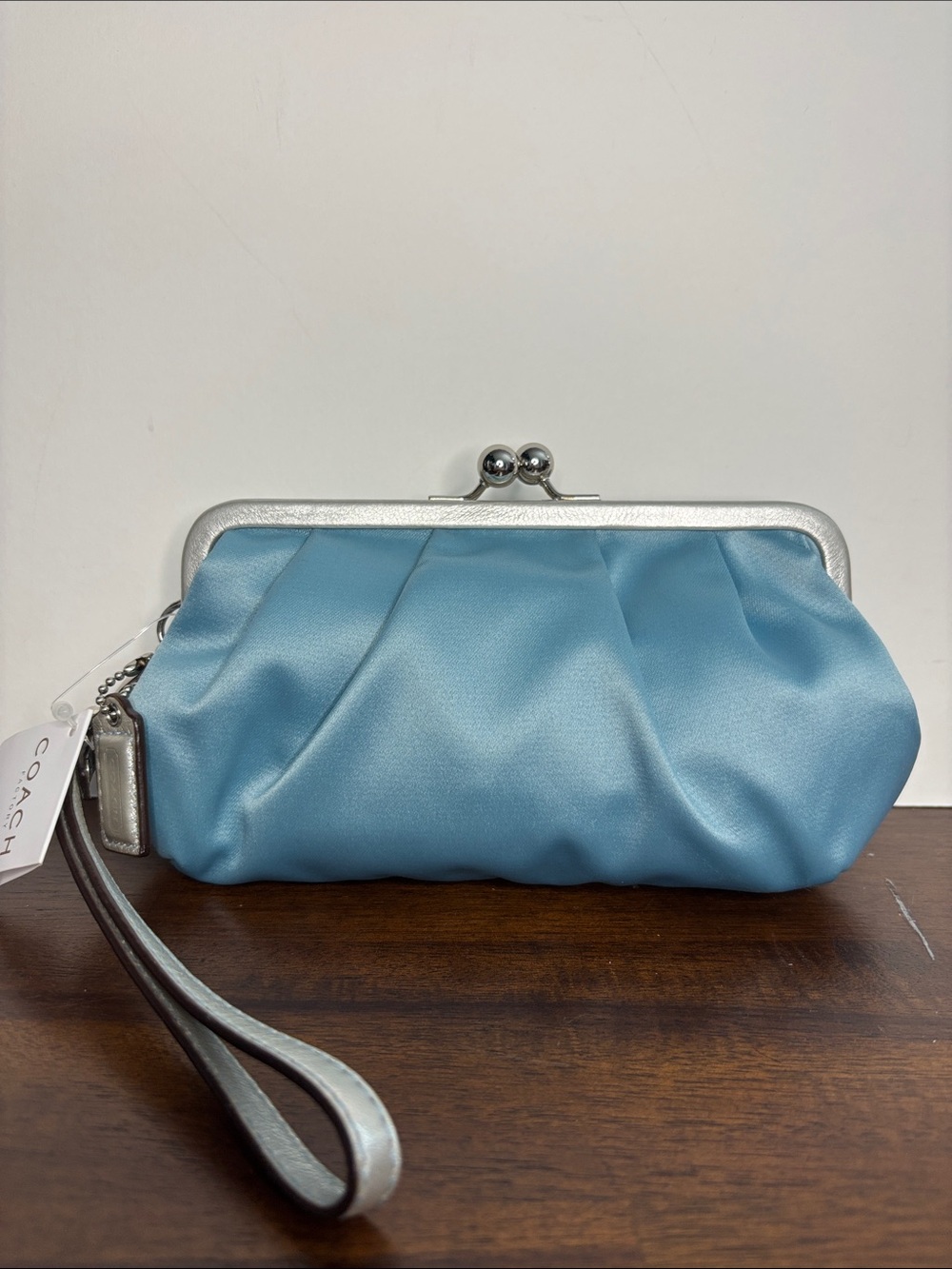 Coach Y2K NWT F42799 Pond Blue Pleated Satin Kisslock Frame Clutch Wristlet